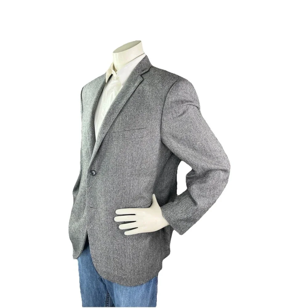 Adolfo Mens 44R Tweed Gray Wool Blazer Jacket Sport Coat Herringbone Lambswool